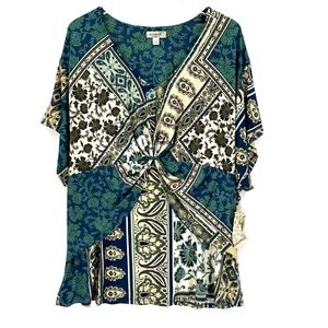 One World Top Size 3X Floral Paisley Mixed Print Short Sleeve Shirt Stretch - Picture 1 of 11