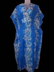 Vintage 80s Kalena Hawaiian Blue Hibiscus Floral Caftan Muumuu Dress Tiki Oasis - Picture 1 of 8