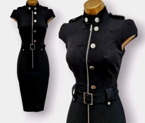 Karen Millen Black Belted High Neck Military Safari Utility Pencil Dress UK 8 - Picture 1 of 13
