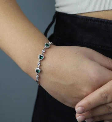 Silver Heart Cut Green Emerald Gemstone Women Bracelet - Image 1 of 4