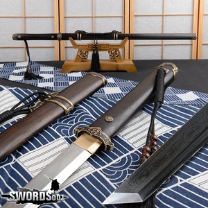 Espada china hoja afilada de acero plegada Dao dinastía Tang ébano accesorios de latón - Imagen 1 de 14