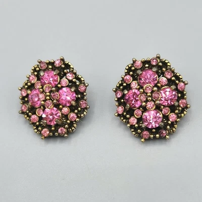 Pendientes de clip con racimo de diamantes de imitación rosa firmados por Hollycraft 1950 tono dorado Foto 1 de 4