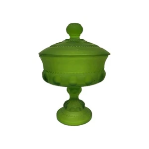 Vintage Indiana Glass Frosted Green Kings Crown Thumbprint Pedestal Candy Dish - Picture 1 of 12