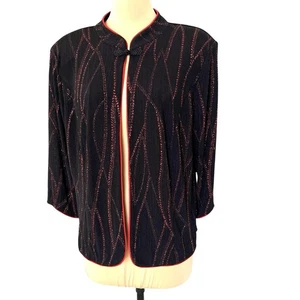 Tan Jay Dinner Jacket Medium Open Front Red Black Glitter Party Cocktail Evening - Picture 1 of 7