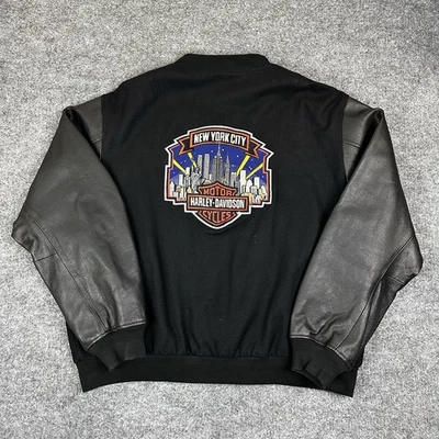 Chaqueta de bombardero Harley Davidson de colección de la ciudad de Nueva York XXL lana cuero años 90 torres gemelas Foto 1 de 4