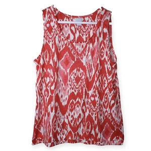 Chicos Women’s Size 2 L/12  Ikat 100% Linen Tank Top Flame Scarlet /White - Picture 1 of 13