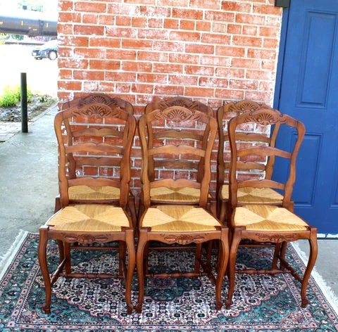 Set of  6 French Louis XV  Antique Walnut Rush Seat Dining Room Chairs Cover