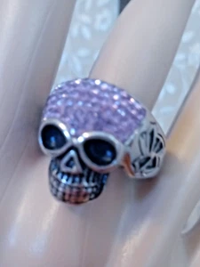 Pink Rhinestone Skull With Black Eyes & Accents Stainless Steel Ring Size 10 - Picture 1 of 11