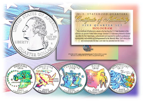 2002 US Statehood Quarters HOLOGRAM *** 5-Coin Complete Set *** w/Capsules & COA Cover