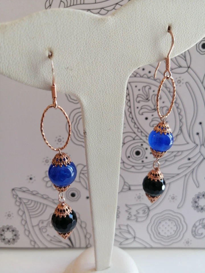 Orecchini Pendenti Donna Argento 925 rosé Pietre naturali Onice agata blu - Immagine 1 di 4