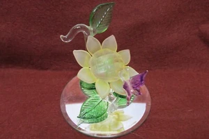 HAND BLOWN GLASS PINK BUTTERFLY, YELLOW FLOWER w/ GREEN LEAVES on MIRRORED BASE - Picture 1 of 1
