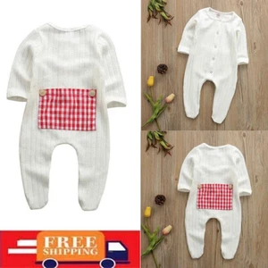 Newborn Baby Girl Boy Clothes Solid Color Checkered Long Sleeve Romper Jumpsuit - Picture 1 of 9