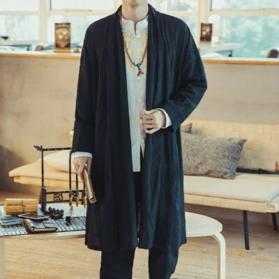 Men Cotton Linen Kimono Loose Coat Yukata Japanese Jacket Long Bathrobe - Image 1 of 4