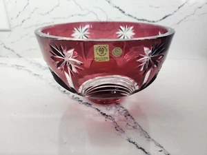 Large Cesar 1970's Bohemian Ruby Red Crystal Hand Cut to Clear Flower Bowl - Picture 1 of 9