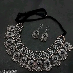 Partywear Oxidized Kundan Choker Earring With Stone Work Wedding Jewelry Set - Picture 1 of 6
