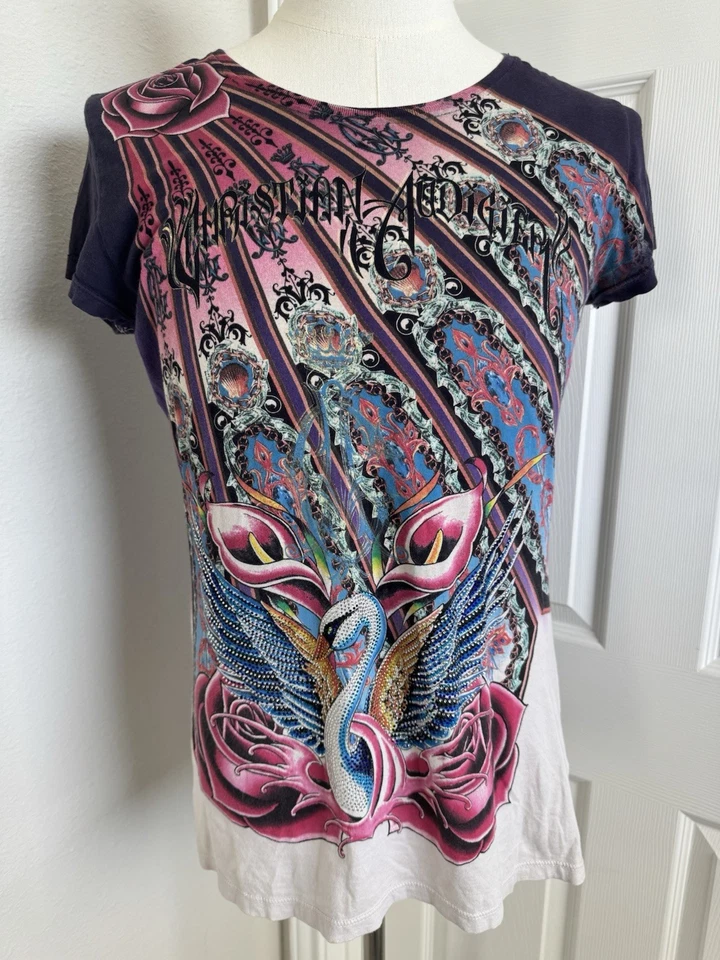 Christian Audigier Women's T-Shirt Black EST 1958 Los Angeles Sz L Graphic Tee - Image 1 of 4