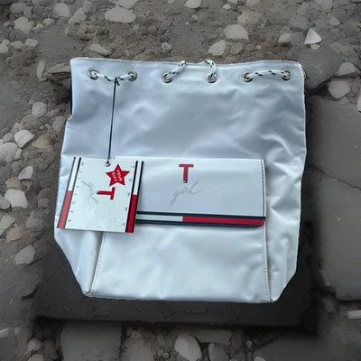 Tommy Hilfiger T Girl Bag Womens White Red Blue Drawstring Bucket Purse Strap - Image 1 of 4
