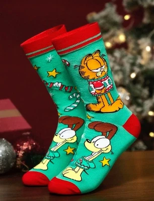 Garfield Green & Red Christmas Socks Unisex One Size Cotton Blend Fun Retro Gift