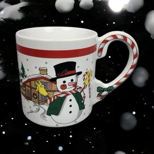 Japan Christmas Ceramic Snowman Coffee Mug with candy cane handle Winter Scene - Picture 1 of 17