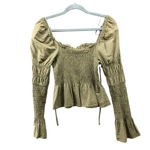 Topshop Smocked Bell Sleeve Top Womens 4 (S) Olive Green Square Neck Peplum - Picture 1 of 7