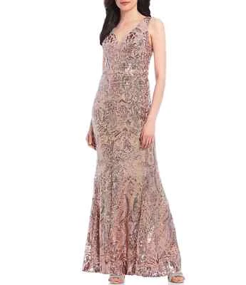 IGNITE Evenings Rose Gold Metallic Glitter Sequin V-Neck Maxi Gown Dress 6 = S - Image 1 of 2