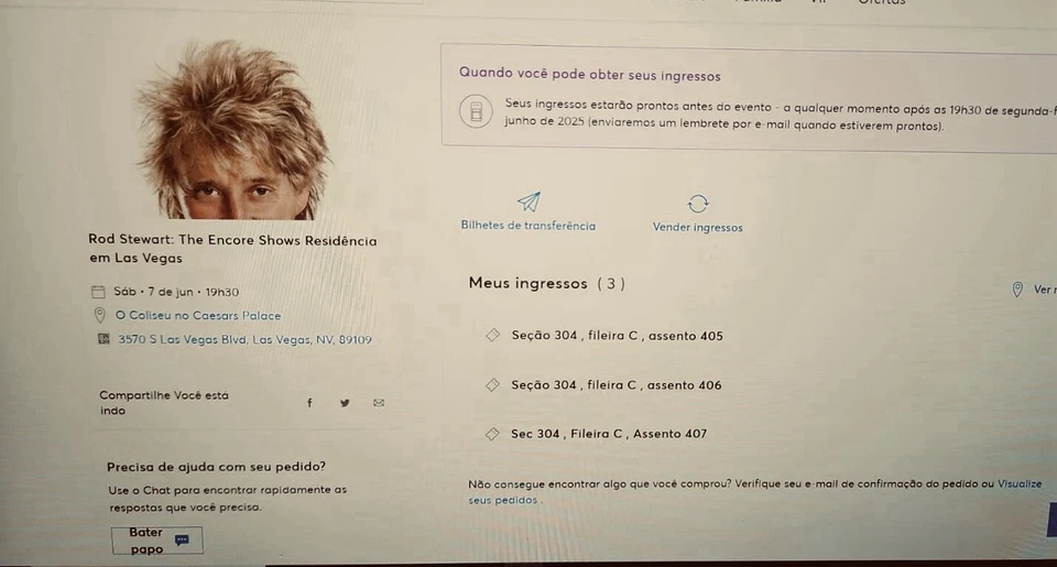 Rod Stewart Concert Tickets June 7th At The Colosseum At Cesars Palace 3 Tickets - Image 1 of 1