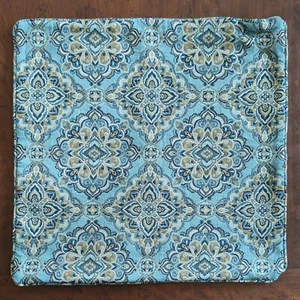 Handmade Square Sofa Pillow Cover: Blue Gold Cream Abstract Ornate Moroccan 21" - Picture 1 of 2