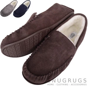 SNUGRUGS Mens Genuine Suede Wool Lined / Sheepskin Moccasin Slippers Rubber Sole - Picture 1 of 4