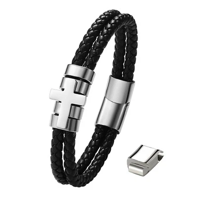 Multi-Layer Braided Leather Faith Cross Bracelet for Men Religious Wristband 8" - Image 1 of 4