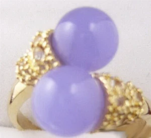 Fashion Double Genuine Purple Jade Beads Yellow Gold Plated 18KGP Crystal Ring - Picture 1 of 3