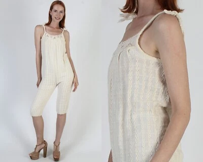 Vtg 70s Stretchy Crochet Knit Jumpsuit Plain Shoulder Tie Sundress Capri Dress - Image 1 of 4
