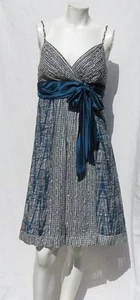BCBG MAX AZRIA Blue Ivory Beige Print Silk Chiffon Satin Bow Empire Dress XS 2 - Picture 1 of 6