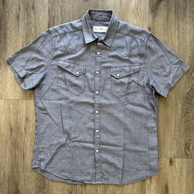 Line Of Trade Weekend Western Shirt Mens Sz L Denim Herringbone Gray Pearl Snap - Image 1 of 4