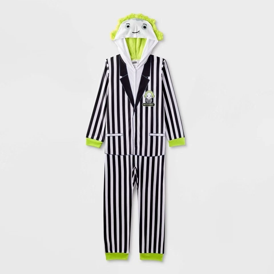 Kid's Fleece Beetlejuice Hooded Union Suit One Piece Pajamas (Size XS 4-5) PJs