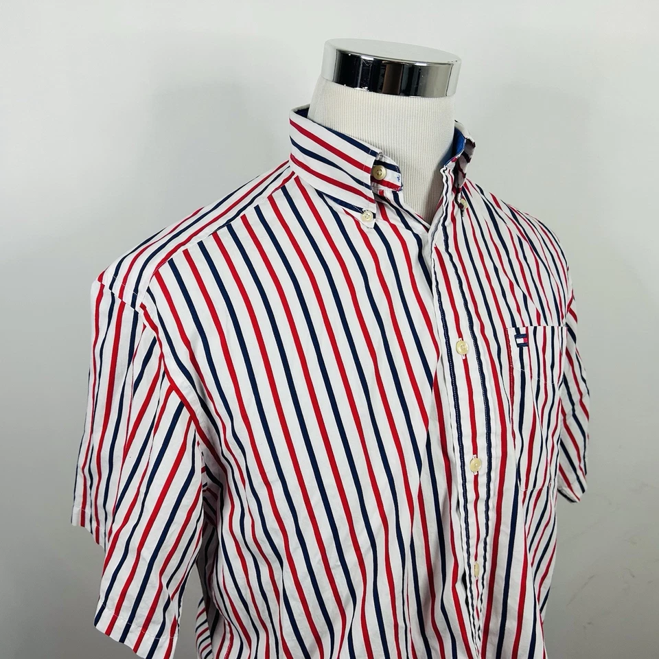 Tommy Hilfiger Small Short Sleeve Shirt Red White Blue Striped Button Down - Image 1 of 4