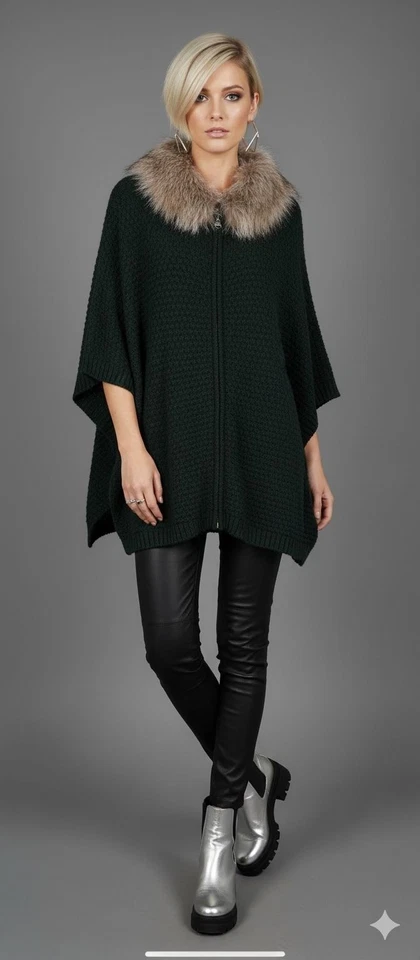 Nuevo con etiquetas Poncho tejido Adrienne Landau verde oscuro cuello de piel de zorro real cierre de cremallera OS Foto 1 de 4