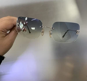 Vintage Y2K Chanel Sunglasses 4107-D Rimless with Crystal CC Logo Blue - Picture 1 of 10