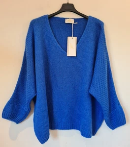 Italienischer Mohair Wolle Pullover Pulli Blau Strick V-Ausschnitt Oversize One Size UK 10-16 - Bild 1 von 7
