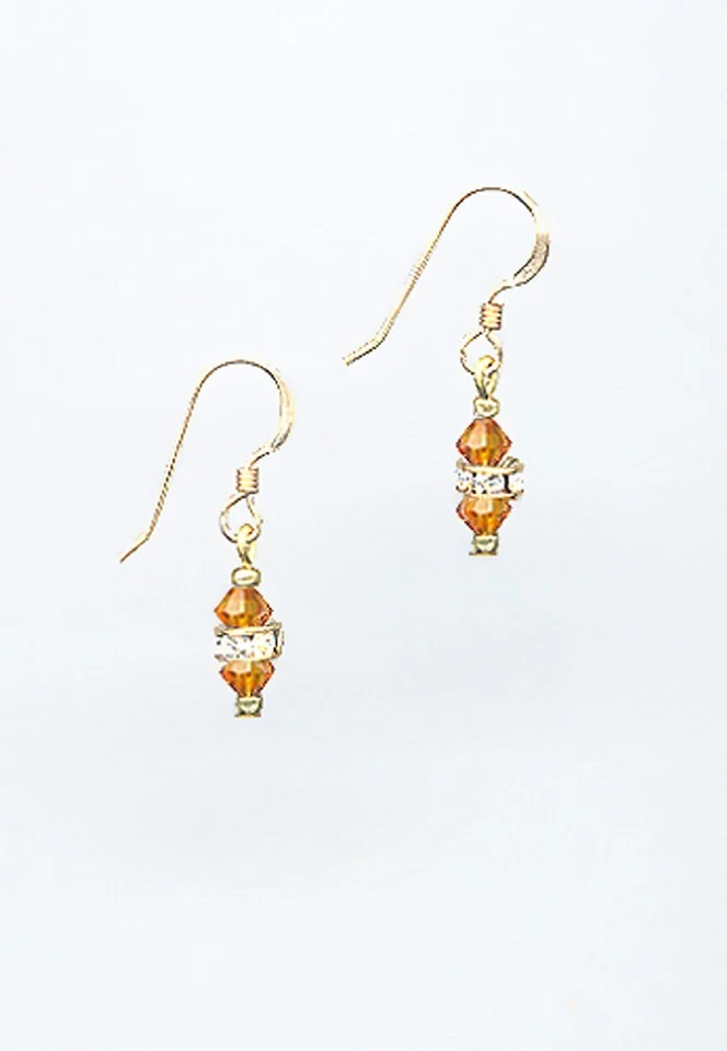 Mini Gold Earrings with AMBER TOPAZ Swarovski Crystals & Rhinestone Rondelles - Image 1 of 1