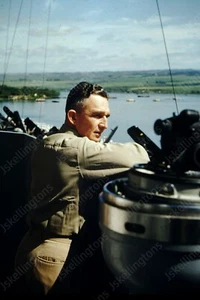 1950s casual portrait of sailor on ship kodachrome red border 35mm slide Cj6 - Picture 1 of 1