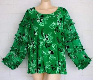 Alfani 1X Green White Flower Garden Ruffle Sleeve Bubble Hem Pullover Top - Picture 1 of 5