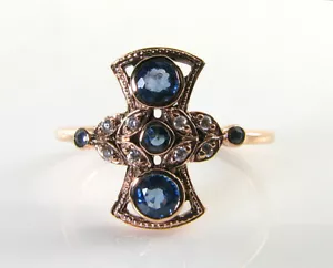 9K 9CT ROSE GOLD SAPPHIRE & DIAMOND ART DECO INS FAN RING FREE RESIZE - Picture 1 of 5