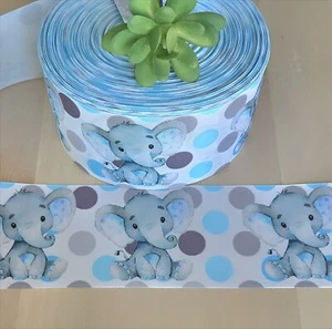 7/8, 1.5 & 3" (1 YD) Elephant Grosgrain Ribbon Blue Polka Dot Baby Shower Ribbon - Picture 1 of 3