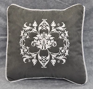 Embroidered White Floral Pillow made w/ Gray Faux Suede Fabric 12" trim cording - Picture 1 of 3