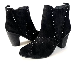 Fergie Studded Ankle Boots Booties 8 M Black Suede Zip Up Chunky Heel Womens - Picture 1 of 12