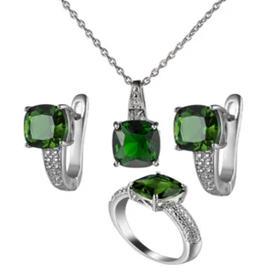 Jewelry Set Square Green Emerald Silver Necklaces Stud Earrings Rings 7 8 9 - Picture 1 of 7