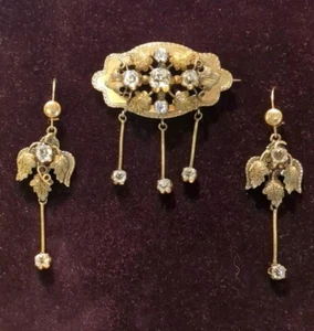 Antique Georgian 14K Leaf & French Paste Day Night Drop Earrings & Drop Brooch - Picture 1 of 7