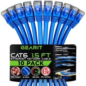 GearIT Cat 6 Ethernet Cable (10-Pack 1.5 Feet) Cat6 Feet (10-Pack), Blue - Afbeelding 1 van 9