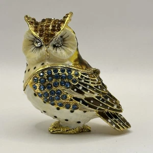 Charming Owl Jeweled Enameled Trinket Box Rhinestone Magnetic Closure Gold-Tone - Picture 1 of 22