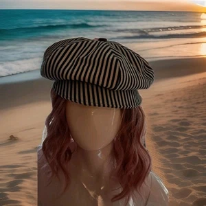 Handmade OOAK Newsboy Cap 6 Panel Puffy 100% Cotton Ticking 22" - Picture 1 of 12